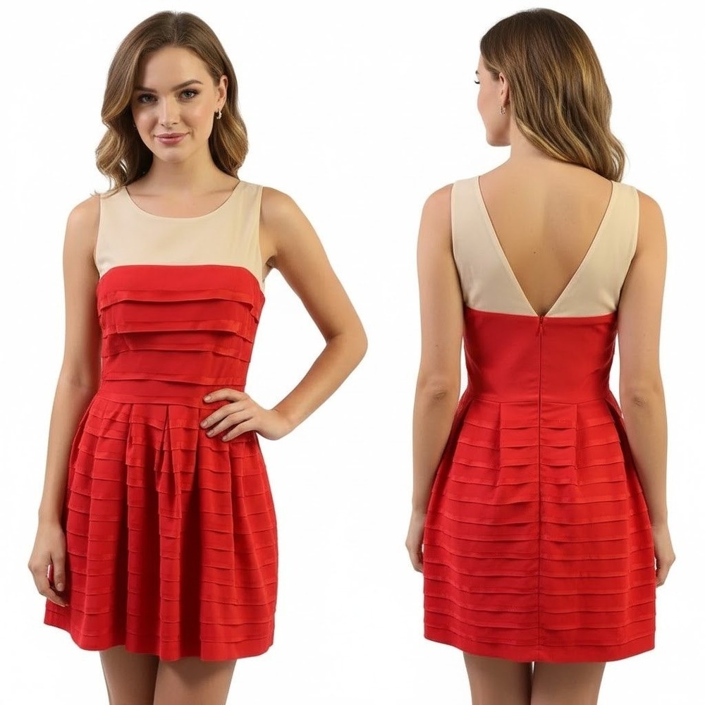 Ark & Co DJ 14520 G Red Tiered Tulle Fit And Flare Mesh V Back Cocktail Dress SM
